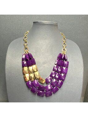 Vivace Triple Strand Necklace 22 In Purple Beads Gold Chain Modern Statement 90s